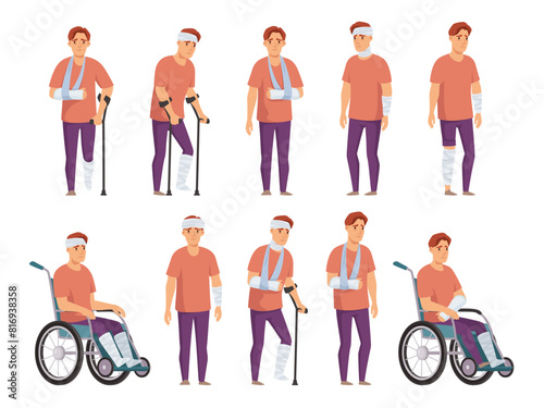 Man with injury. Rehabilitation and injury recovery  male character with arm sling  head bandage  crutches  leg cast and wheelchair cartoon vector illustration set