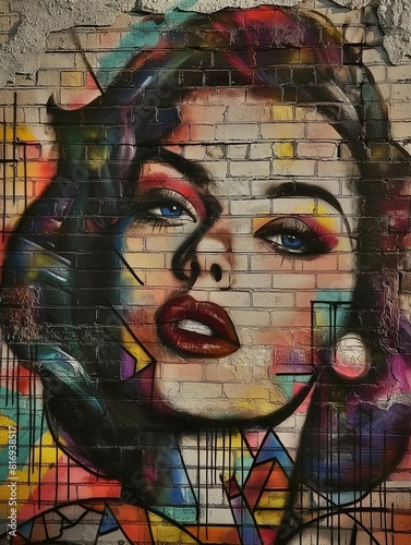 Graffiti portrait of beautiful pinup woman on street brick wall