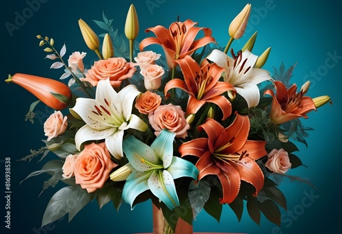 Creative layout bouquet made of various realistic flowers including rose lilly and other flowers with matellic colours with transparent royal background photo