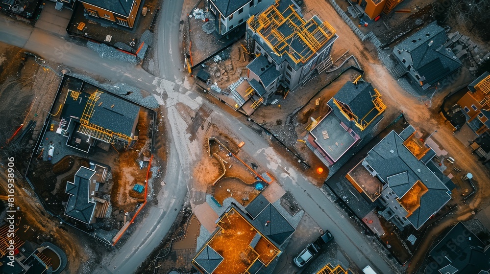 Top-down view of a new housing construction in an urban setting, emphasizing the scale and scope of the city development Top-down view of a new housing construction in an urban setting, emphasizing the scale and scope of the city development