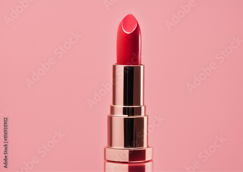 A smear of orange, pink and red lipstick on a pale pink background.