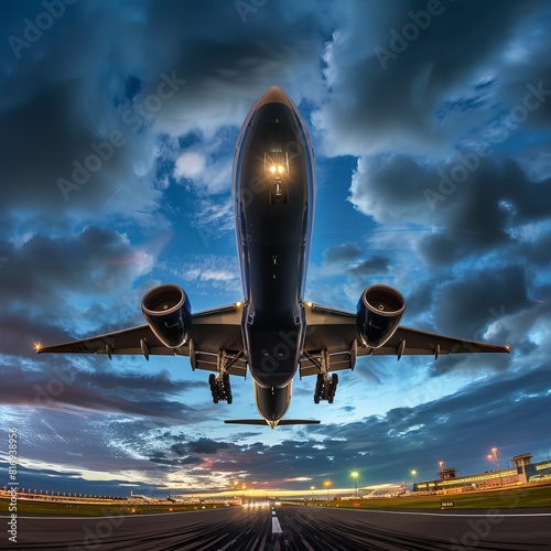 a worm-eye view of a Boeing 777 taking off from a beautiful airport at dusk, dramatic lighting, cinematic 