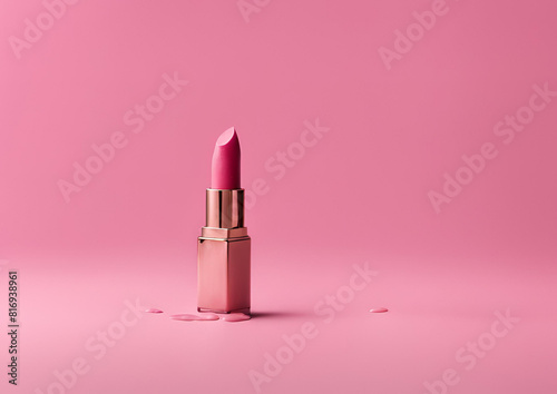 A smear of orange, pink and red lipstick on a pale pink background. photo