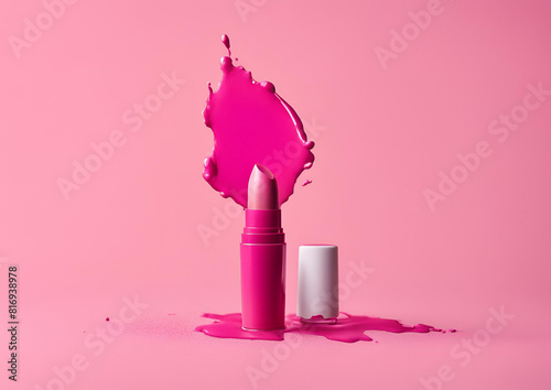 A smear of orange, pink and red lipstick on a pale pink background. photo