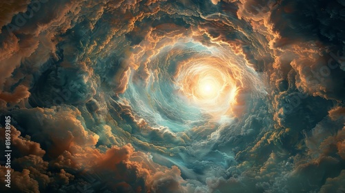 Surreal view of a portal opening in the sky, swirling clouds around a bright passage to new worlds, highly detailed photo