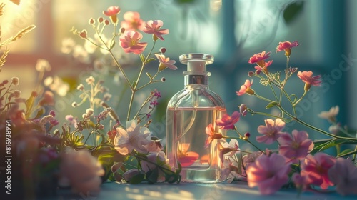 Perfume bottle in a field of flowers for a romantic and elegant design © Yusif