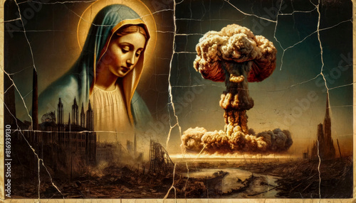Sorrowful Reflection: An old style painting showing Our Lady of Sorrows grieving over the catastrophic impact of a nuclear bomb on Earth.