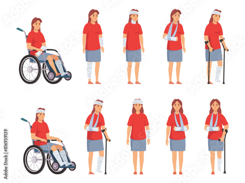 Woman with injury. Female character with wheelchair, head bandage, arm sling, crutches and leg brace. Injury management cartoon vector illustration set