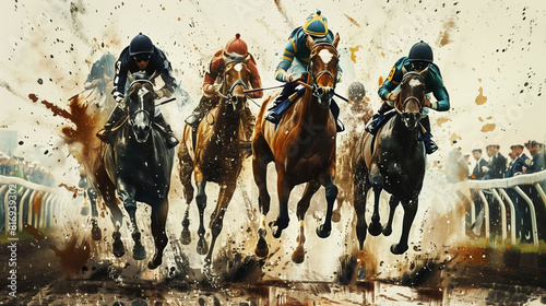 Dynamic image of horse racing with jockeys in action, captured mid-race with mud splattering. The intense close-up highlights the speed and competition.