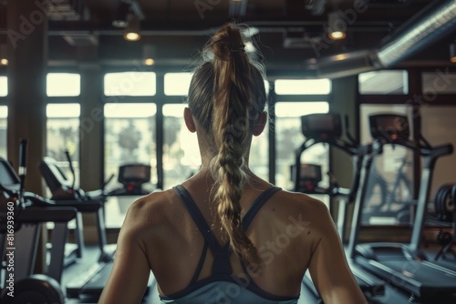 Rear view of a woman with a braided ponytail ready for exercise at the gym