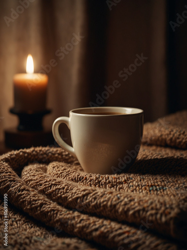 Coffee Cup on Cozy Blanket with Soothing Candlelight in Background