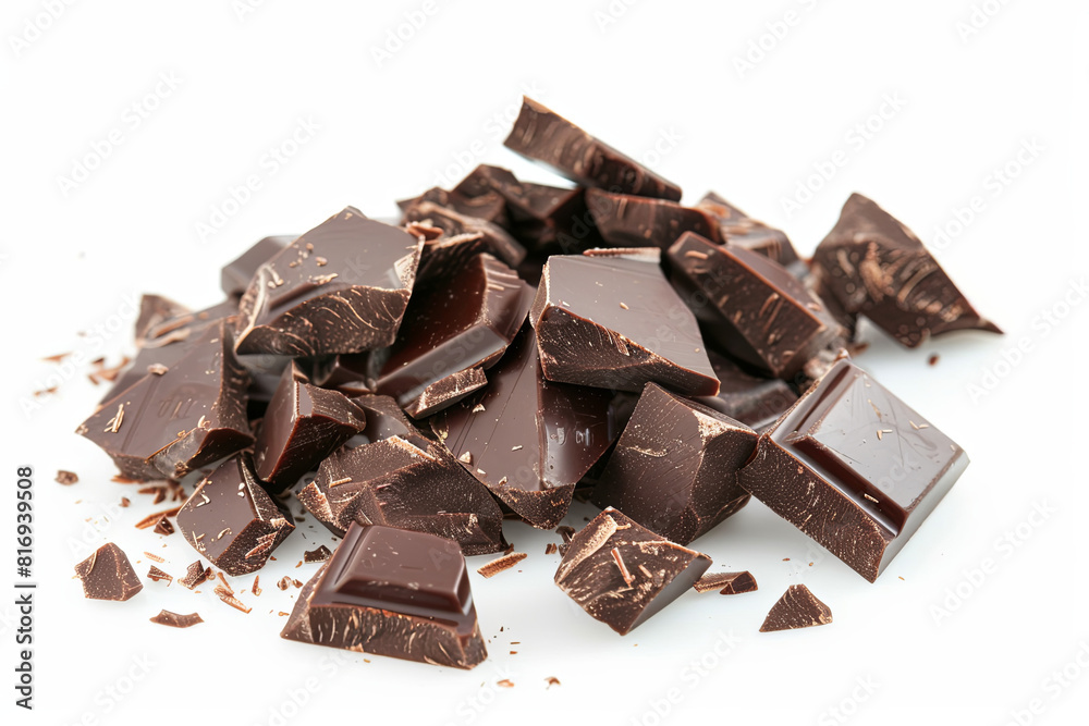 Artfully arranged dark chocolate pieces on a white background, showcasing indulgence Artfully arranged dark chocolate pieces on a white background, showcasing indulgence