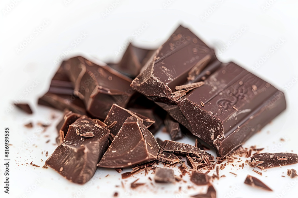 Artfully arranged dark chocolate pieces on a white background, showcasing indulgence Artfully arranged dark chocolate pieces on a white background, showcasing indulgence