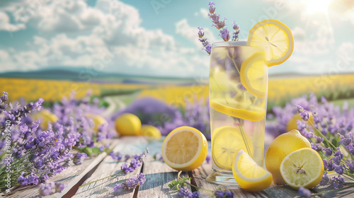 Lemonade with lemons and lavender on wooden table over nature background  photo