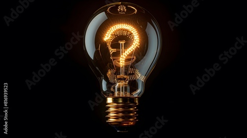 A light bulb with the shape of a question mark glowing and shining brightly against a black background. warm golden glow.
