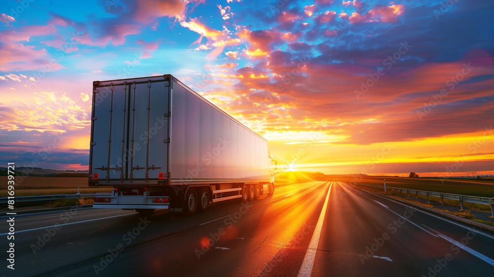 A large cargo truck drives on an open highway during a vibrant sunset. The sky is filled with dramatic clouds and warm sunlight reflecting off the road.