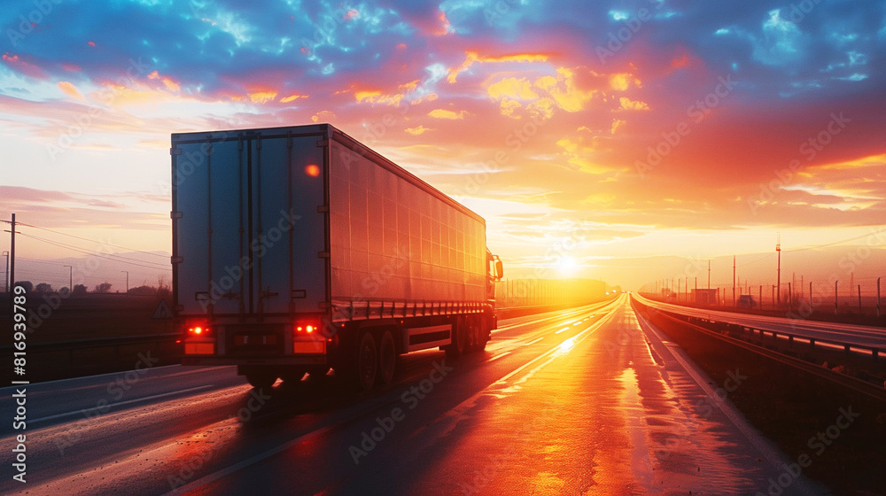 A truck drives along a wet highway at sunset, with the sky marked by vibrant orange and blue hues, creating a dramatic and serene atmosphere. A truck drives along a wet highway at sunset, with the sky marked by vibrant orange and blue hues, creating a dramatic and serene atmosphere.