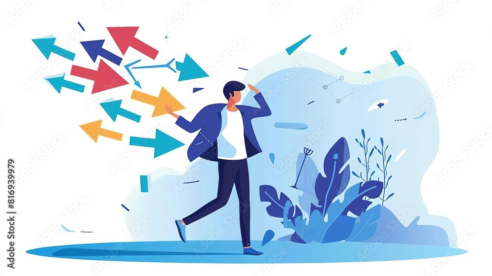 A business professional is being pulled in several directions at once by arrows representing different tasks and priorities A business professional is being pulled in several directions at once by arrows representing different tasks and priorities