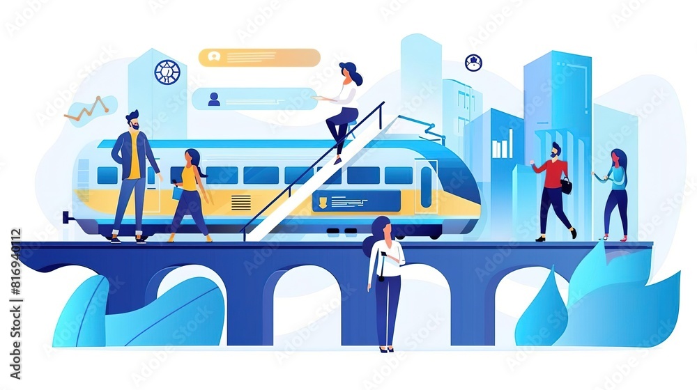 Create a modern illustration of people waiting for a train on a bridge. Include elements of technology and nature. Make it colorful andMing Liang . Create a modern illustration of people waiting for a train on a bridge. Include elements of technology and nature. Make it colorful andMing Liang .