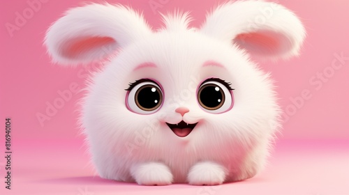 A 3D cute cartoon illustration of a smiling bunny, with its fluffy fur and bright eyes, set against a solid pink background, exuding charm and playfulness in high definition.  © Malik