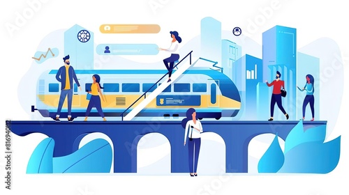 Create a modern illustration of people waiting for a train on a bridge. Include elements of technology and nature. Make it colorful andMing Liang . photo