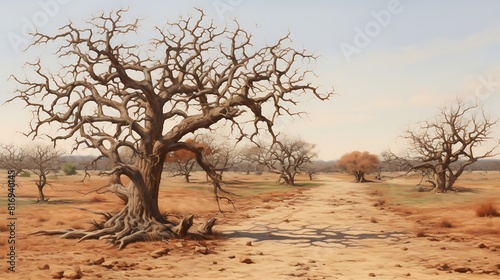 Rustic Solitude: Sun-Dried Trees in a Tranquil Scene 