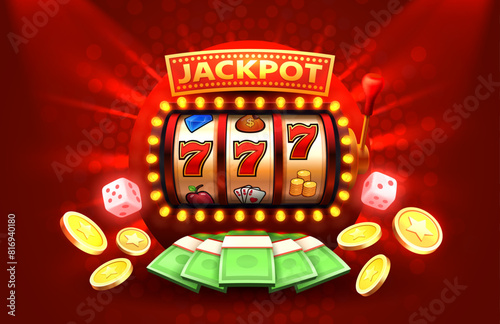 Winner slots machine casino, jackpot fortune, win banner. Vector illustration