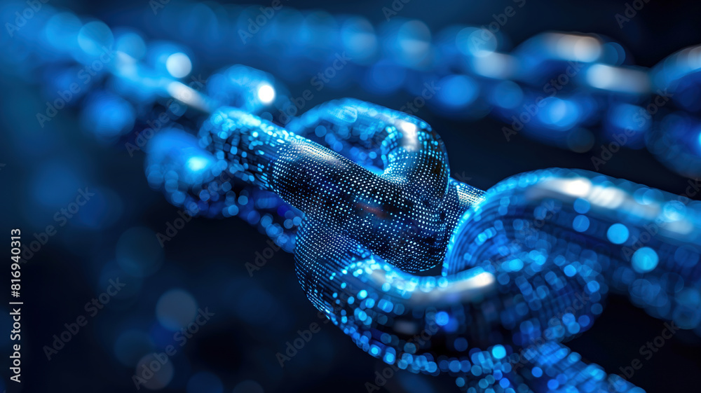 Digital Blockchain Network. A close-up of a glowing chain with interconnected nodes and blue lights, illustrating the secure and decentralized nature of blockchain technology. Digital Blockchain Network. A close-up of a glowing chain with interconnected nodes and blue lights, illustrating the secure and decentralized nature of blockchain technology.