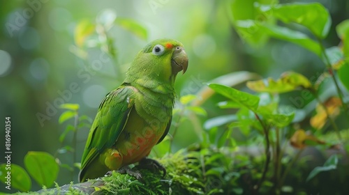 A bright green parrot sits on a branch in the rainforest.