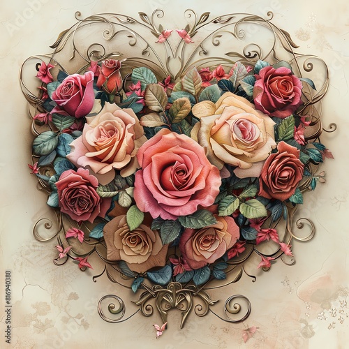 An illustration of pink and red roses in a heart shaped frame