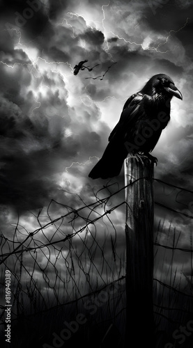 A black and white photo of a crow perched on a fence post. Scene is dark and ominous, with the crow being the only source of light in the scene. Generative AI