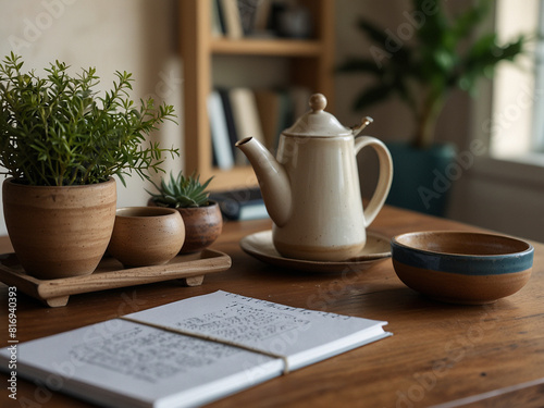 A Cup of Herbal Tea, Books, and Potted Plants on a Wooden Table, Creating a Calming Decor for a Balanced and Mentally Relaxing Environment - Perfect for Wellness and Tranquility Themes