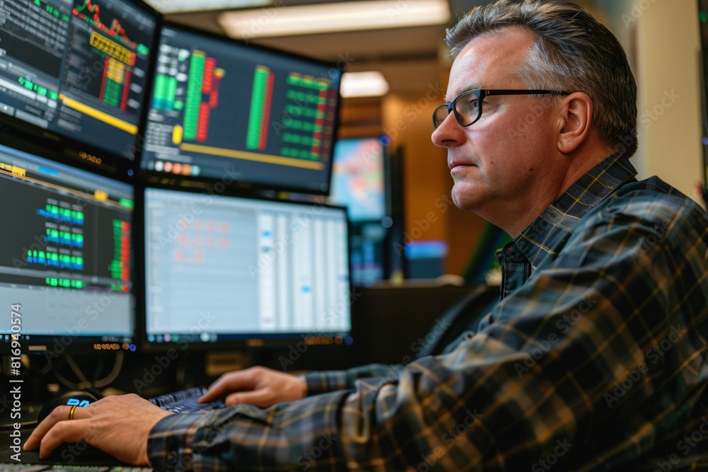 Man trading stock in front of computer. Generative AI. Man trading stock in front of computer. Generative AI.