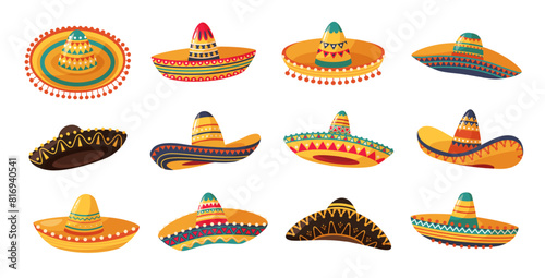 Mexican sombrero. Charro cowboy and mariachi musician hats, Cinco de Mayo fiesta party decorations cartoon vector set