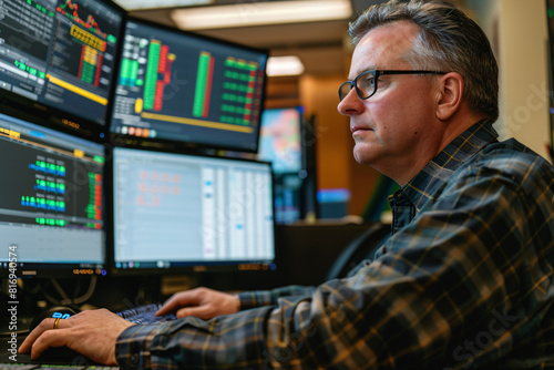 Man trading stock in front of computer. Generative AI.