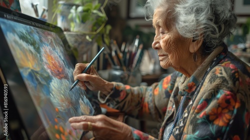 A grandmother is painting on a canvas in her home studio. photo