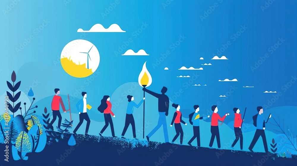 A group of diverse people, led by a guide holding a torch, walk towards a bright future A group of diverse people, led by a guide holding a torch, walk towards a bright future