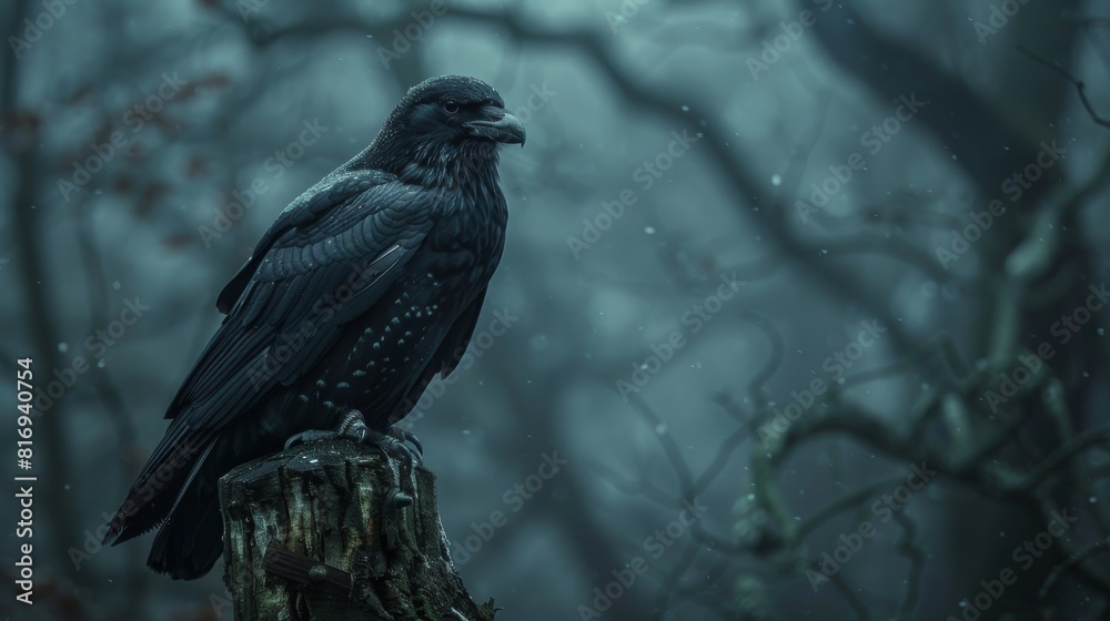 Fototapeta premium A lone raven sits on a branch in the dark forest