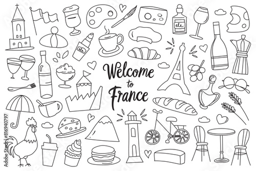 France symbols collection, outline icons of Eifel tower, cheese, croissant, traveling in Paris, tourism vector illustrations, famous French sightseeing, black and white set of wine and flag doodles