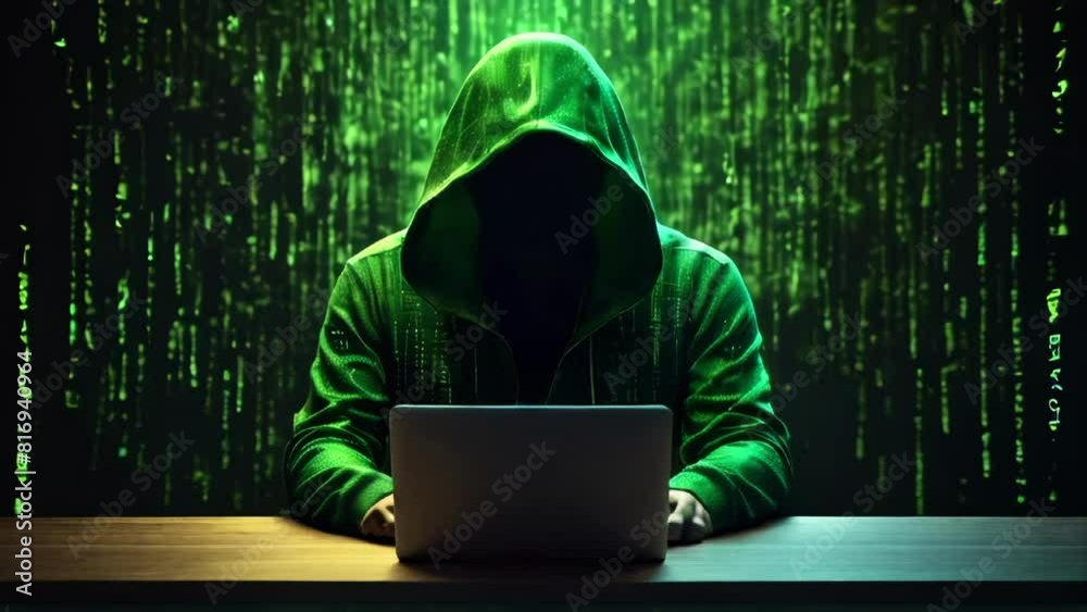silhouette of a hacker in a hoodie sitting at the table using a laptop, illuminated by a cascade of green binary code, dynamic lines and matrix pattern
