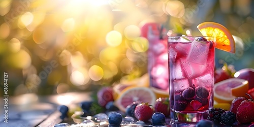 Vibrant bokeh background featuring colorful cocktails and fruit in sunlight at brunch. Concept Food Photography, Brunch Inspiration, Colorful Cocktails, Outdoor Setting, Vibrant Bokeh