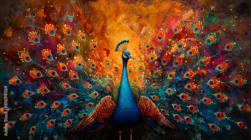 A vibrant painting of a peacock with its tail feathers spread in a dazzling display of color. The perfect embodiment of beauty and grace.