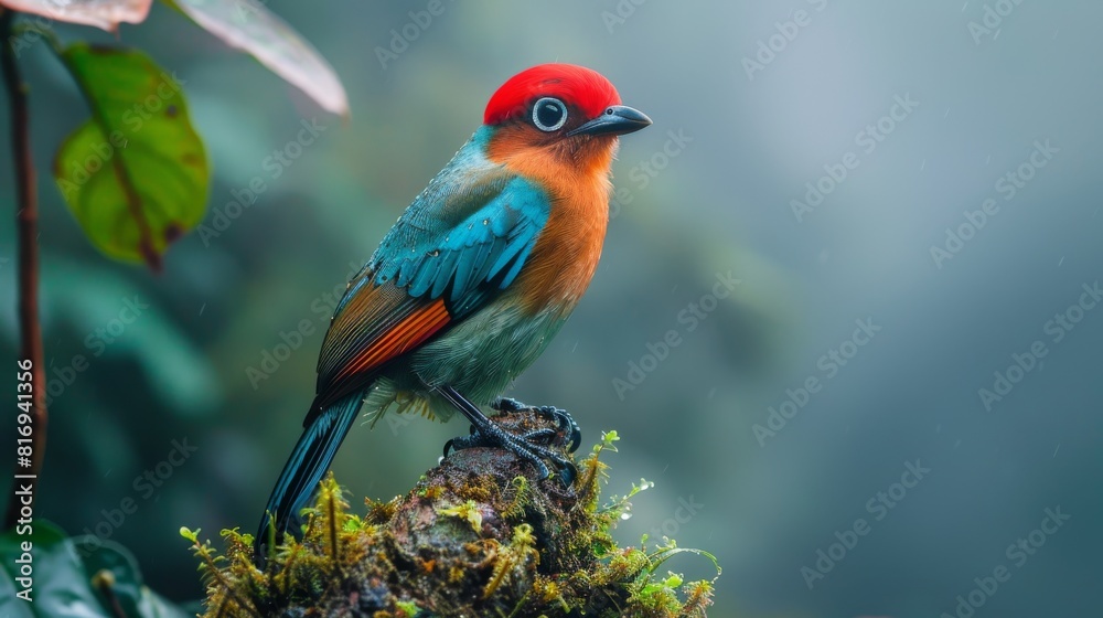Small bird with red head and blue-green body perched on a branch in the middle of a lush green forest. Small bird with red head and blue-green body perched on a branch in the middle of a lush green forest.