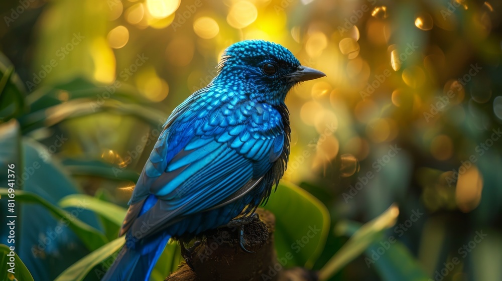 Small blue perching on a branch, surrounded by green leaves and yellow flowers. Small blue perching on a branch, surrounded by green leaves and yellow flowers.