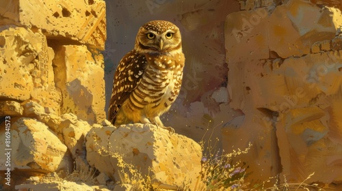 This is an image of an owl sitting on a rock in the desert photo