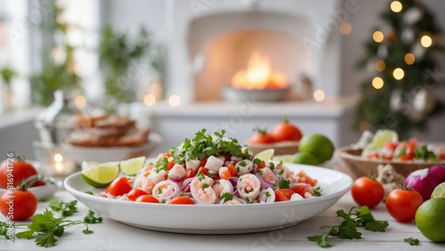 Ceviche - Fresh fish marinated in lime juice  mixed with tomatoes  onions  and cilantro.