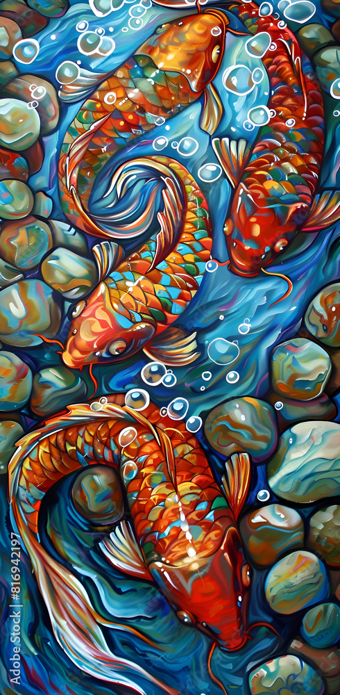 A painting of three orange fish swimming in a stream of water. The painting is colorful and lively, with the fish appearing to be in motion. Generative AI
