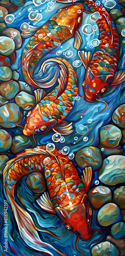 Wallpaper Mural A painting of three orange fish swimming in a stream of water. The painting is colorful and lively, with the fish appearing to be in motion. Generative AI Torontodigital.ca