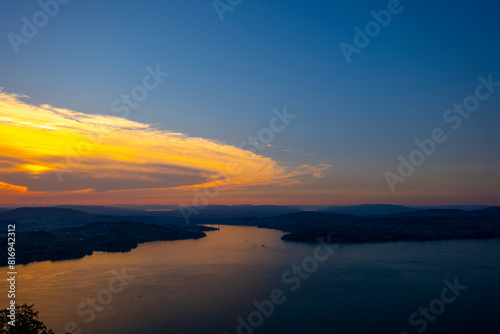 Aerial View over Lake Lucerne and Mountain in Sunset in Lucerne  Switzerland.