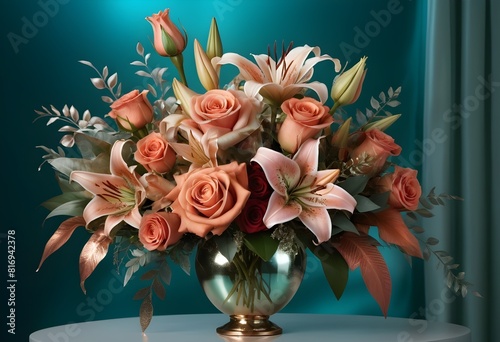 Creative layout bouquet made of various realistic flowers including rose lilly and other flowers with matellic colours with transparent royal background photo